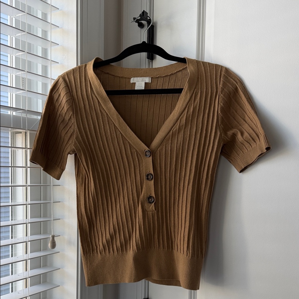H&M Brown V-Neck Ribbed Knit Sweater